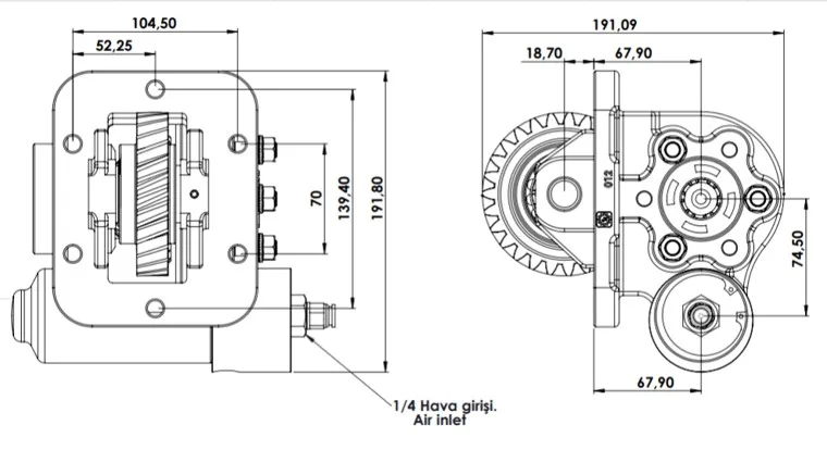 CTM 012 BE KV PTO teknik çizimi — kesit, ölçü ve montaj şeması