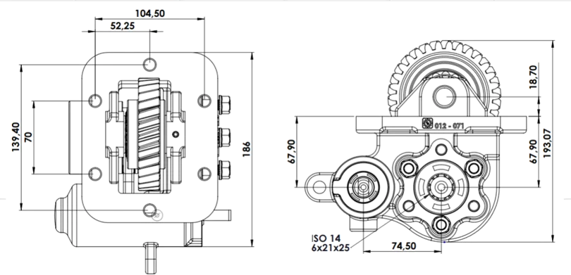 CTM 012 BE PTO teknik çizimi — kesit, ölçü ve montaj şeması
