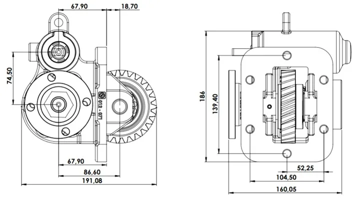 CTM 012 BD PTO teknik çizimi — kesit, ölçü ve montaj şeması