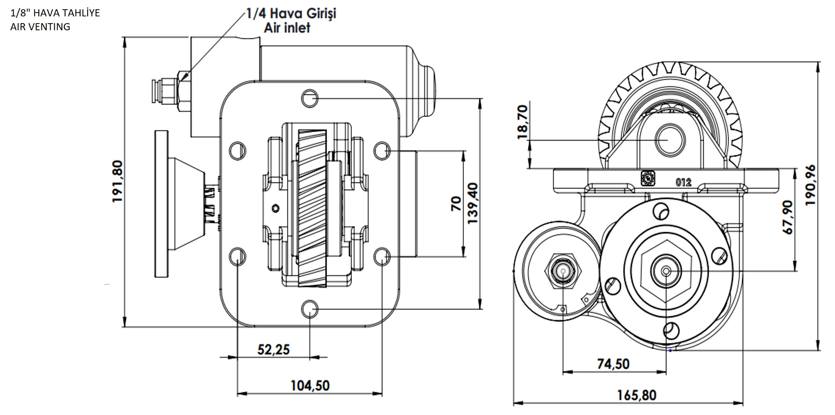 CTM 012 BD KV PTO teknik çizimi — kesit, ölçü ve montaj şeması