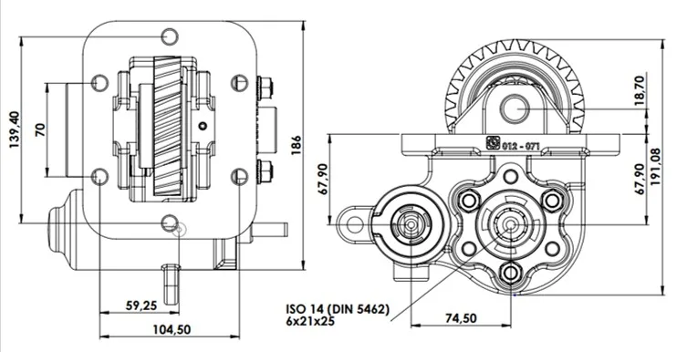 CTM 012 BC2 PTO teknik çizimi — kesit, ölçü ve montaj şeması