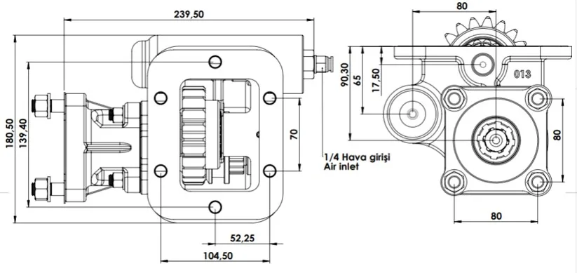 CTM 013 AC1 PTO teknik çizimi — kesit, ölçü ve montaj şeması