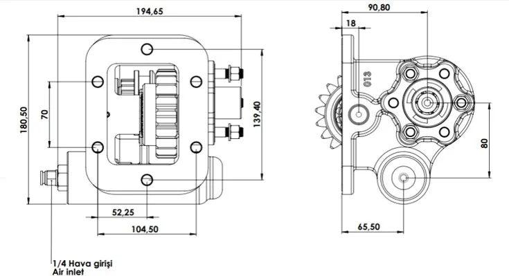 CTM 013 AC2 PTO teknik çizimi — kesit, ölçü ve montaj şeması