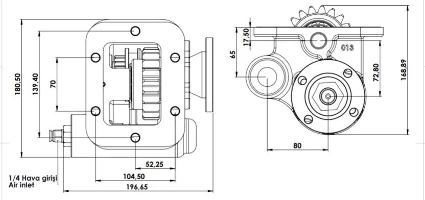 CTM 013 AD PTO teknik çizimi — kesit, ölçü ve montaj şeması