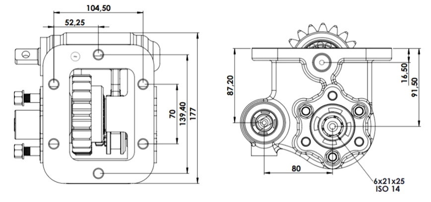 CTM 013 BC2 PTO teknik çizimi — kesit, ölçü ve montaj şeması
