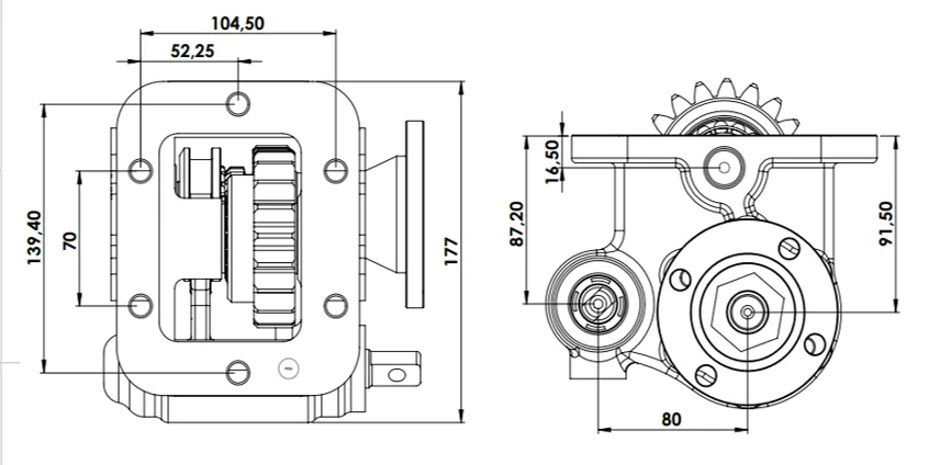CTM 013 BD PTO teknik çizimi — kesit, ölçü ve montaj şeması