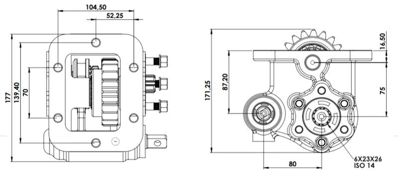 CTM 013 BE PTO teknik çizimi — kesit, ölçü ve montaj şeması
