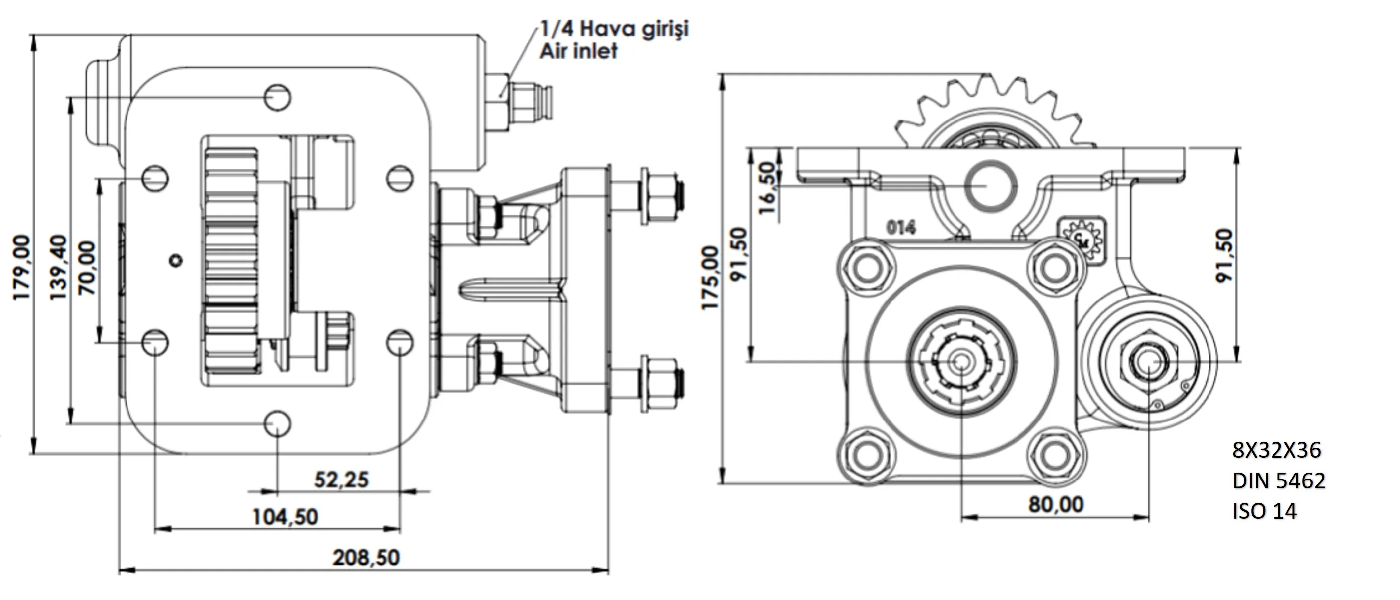CTM 014 AC1 PTO teknik çizimi — kesit, ölçü ve montaj şeması