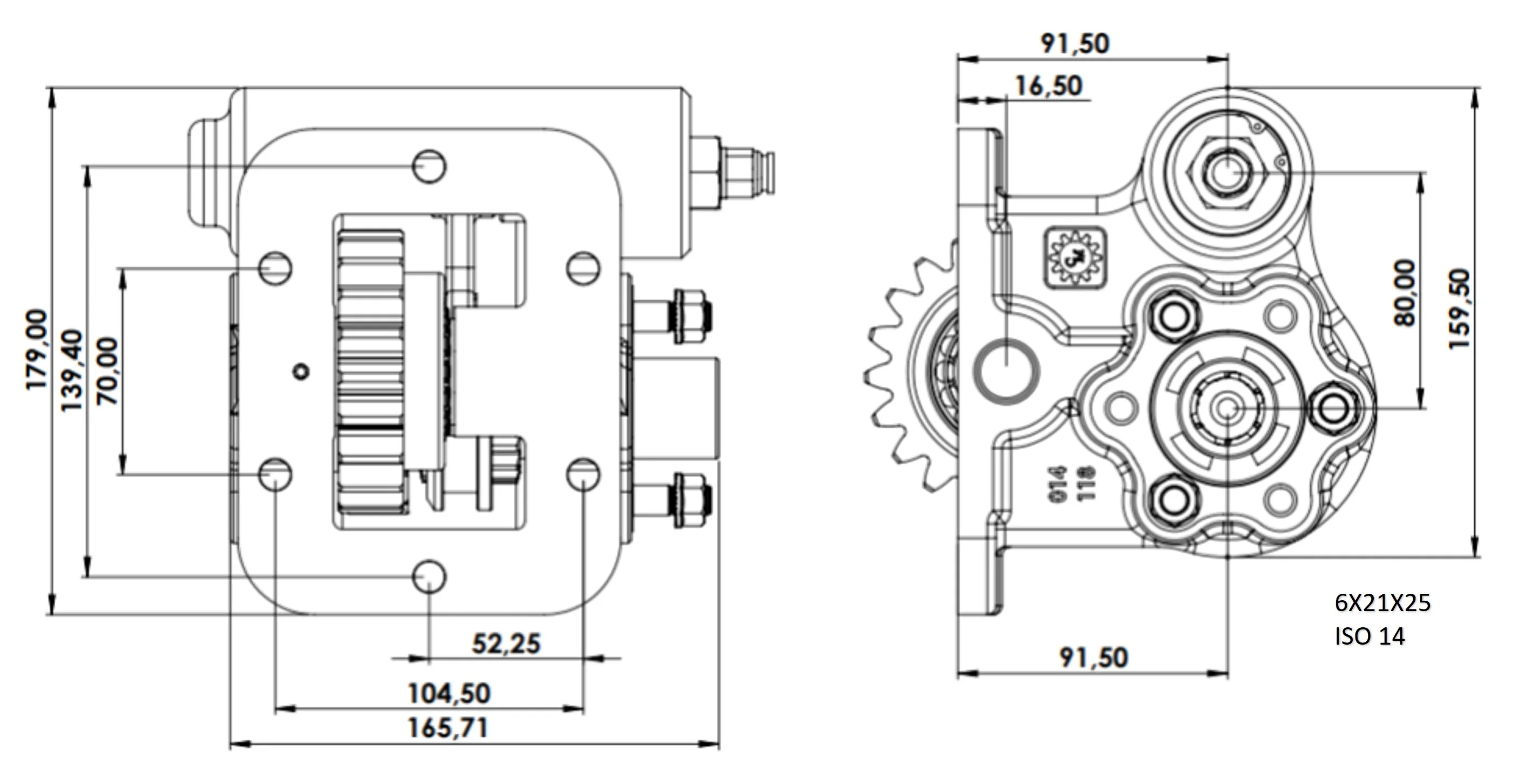 CTM 014 AC2 PTO teknik çizimi — kesit, ölçü ve montaj şeması