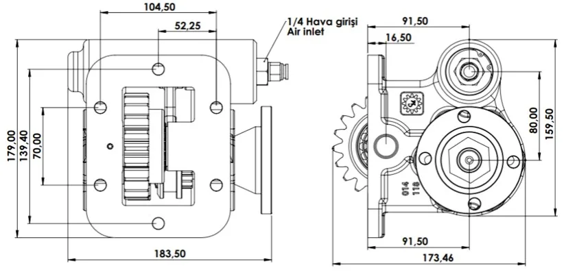 CTM 014 AD PTO teknik çizimi — kesit, ölçü ve montaj şeması