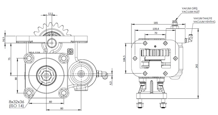 CTM 014 BC1 KV PTO teknik çizimi — kesit, ölçü ve montaj şeması