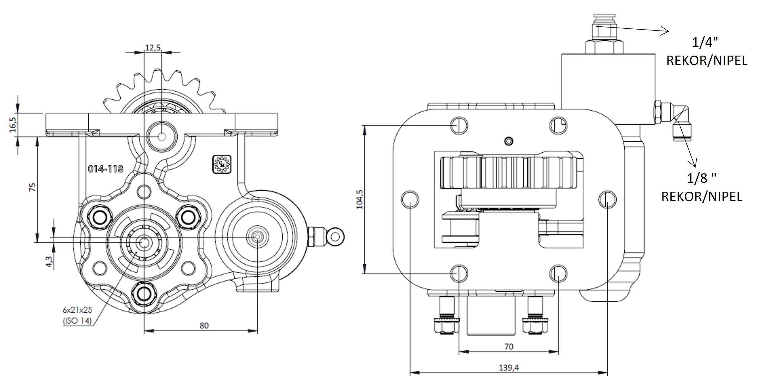 CTM 014 BC2 KV PTO teknik çizimi — kesit, ölçü ve montaj şeması