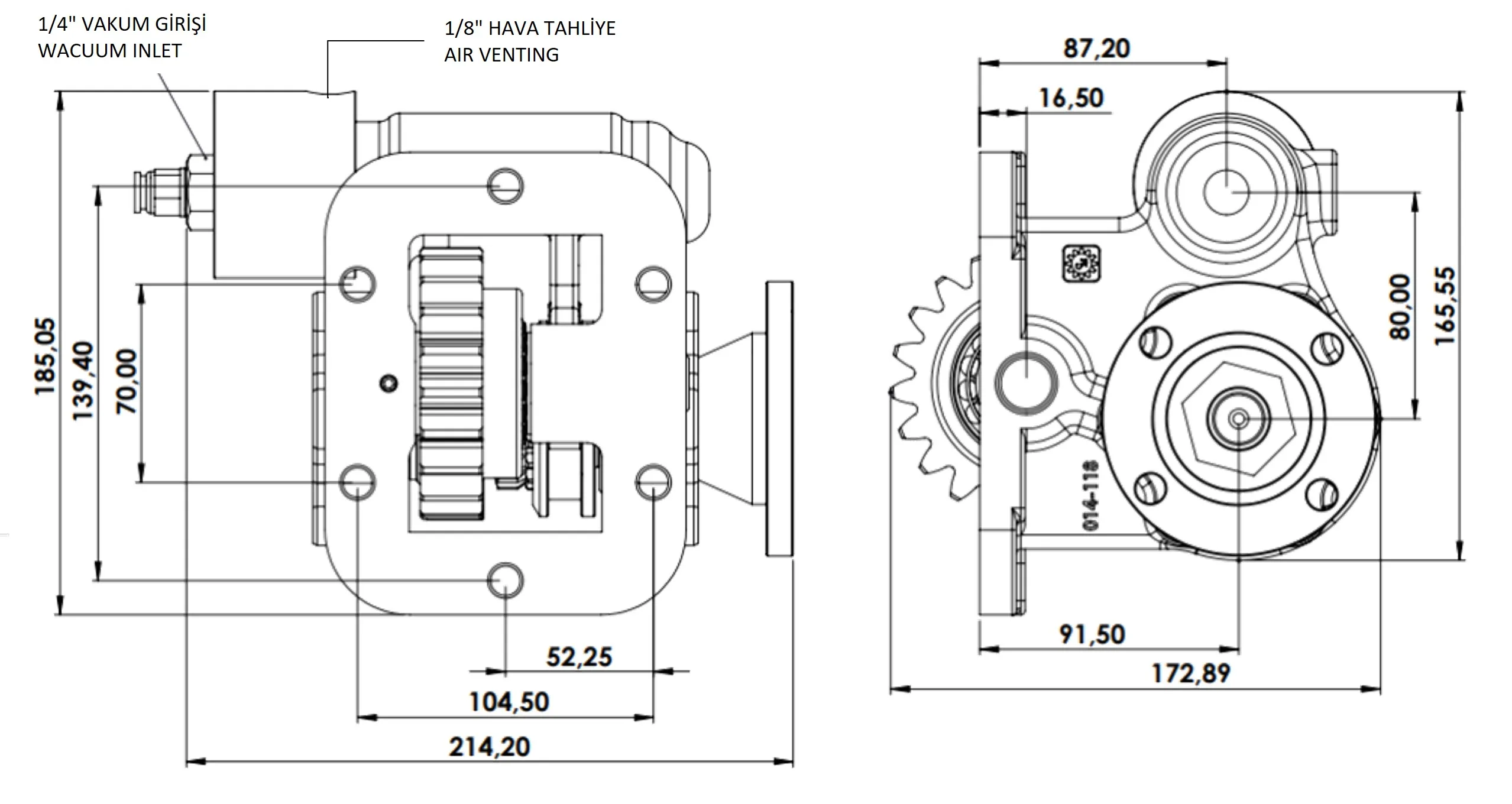 CTM 014 BD KV PTO teknik çizimi — kesit, ölçü ve montaj şeması
