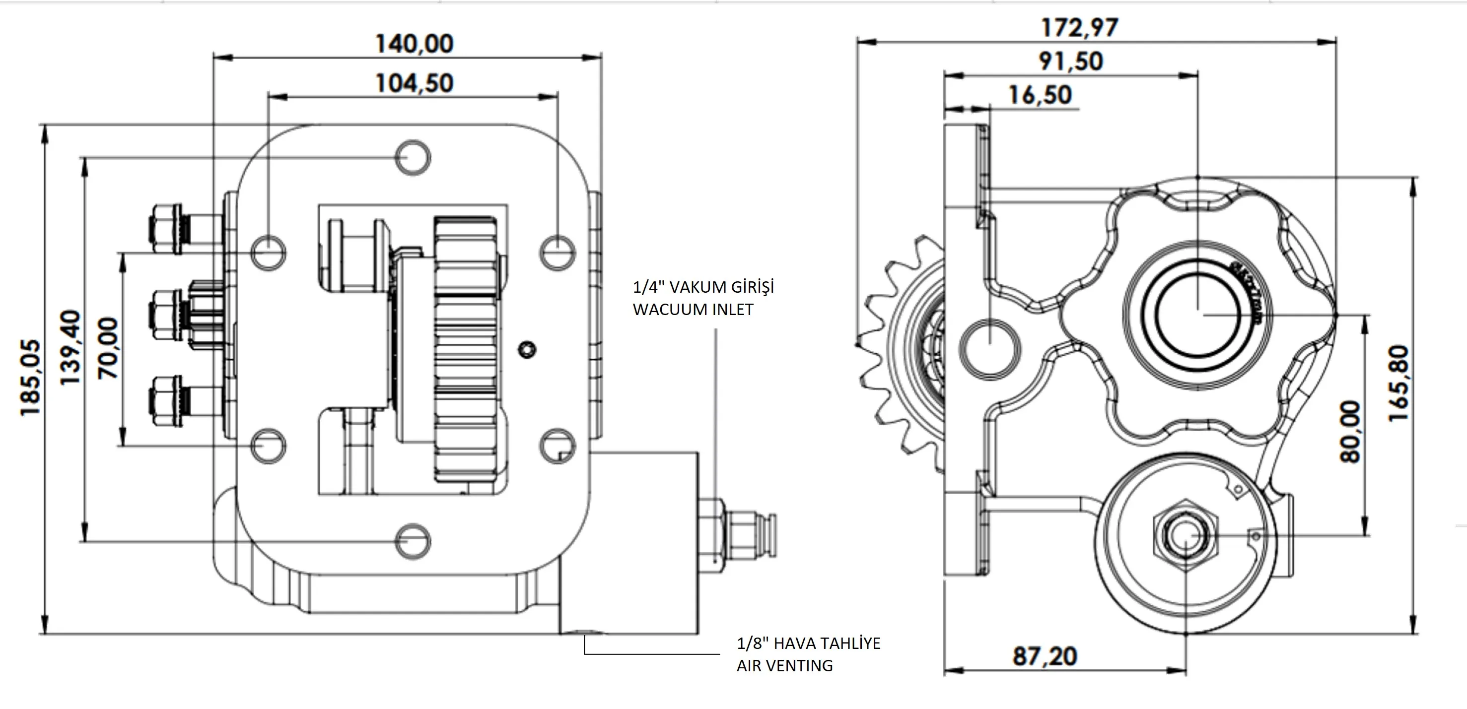 CTM 014 BE KV PTO teknik çizimi — kesit, ölçü ve montaj şeması