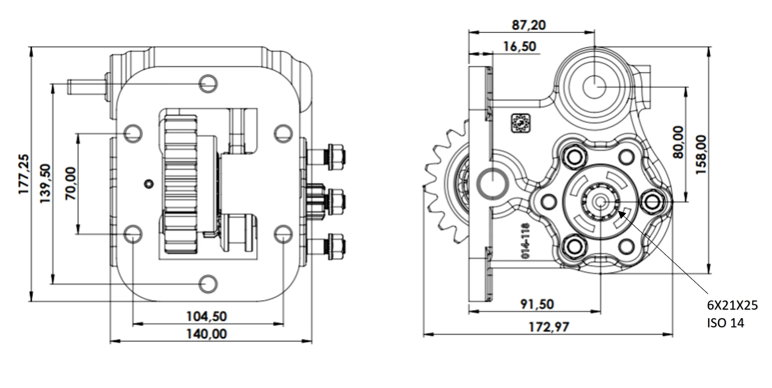 CTM 014 BE PTO teknik çizimi — kesit, ölçü ve montaj şeması