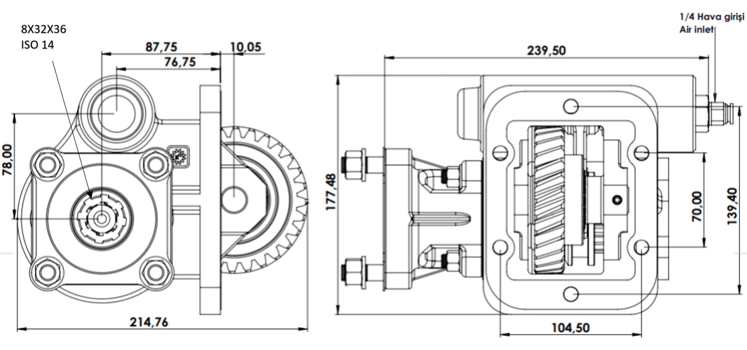 CTM 015 AC1 PTO teknik çizimi — kesit, ölçü ve montaj şeması