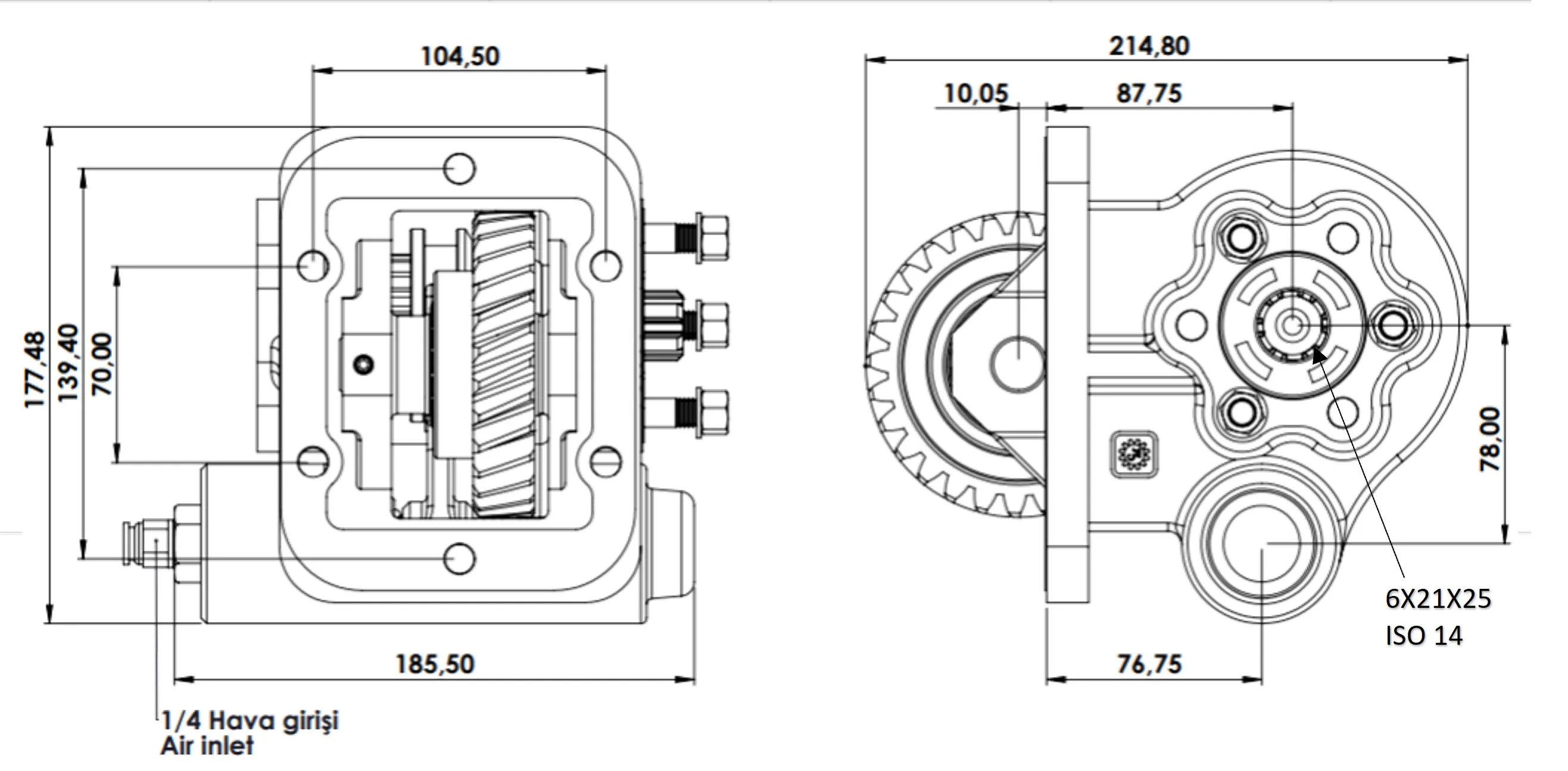 CTM 015 AE PTO teknik çizimi — kesit, ölçü ve montaj şeması