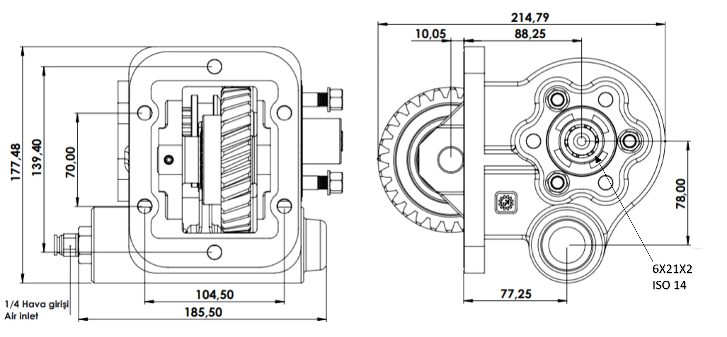 CTM 015 AC2 PTO teknik çizimi — kesit, ölçü ve montaj şeması
