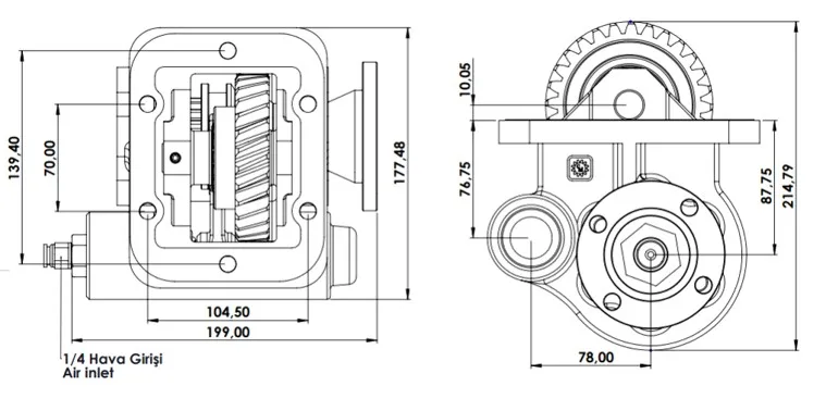 CTM 015 AD PTO teknik çizimi — kesit, ölçü ve montaj şeması