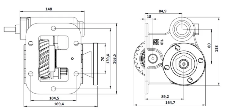 CTM 016 BD PTO teknik çizimi — kesit, ölçü ve montaj şeması
