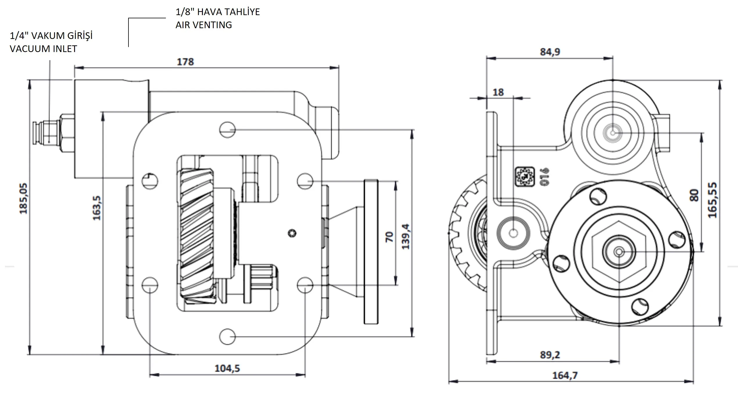 CTM 016 BD KV PTO teknik çizimi — kesit, ölçü ve montaj şeması