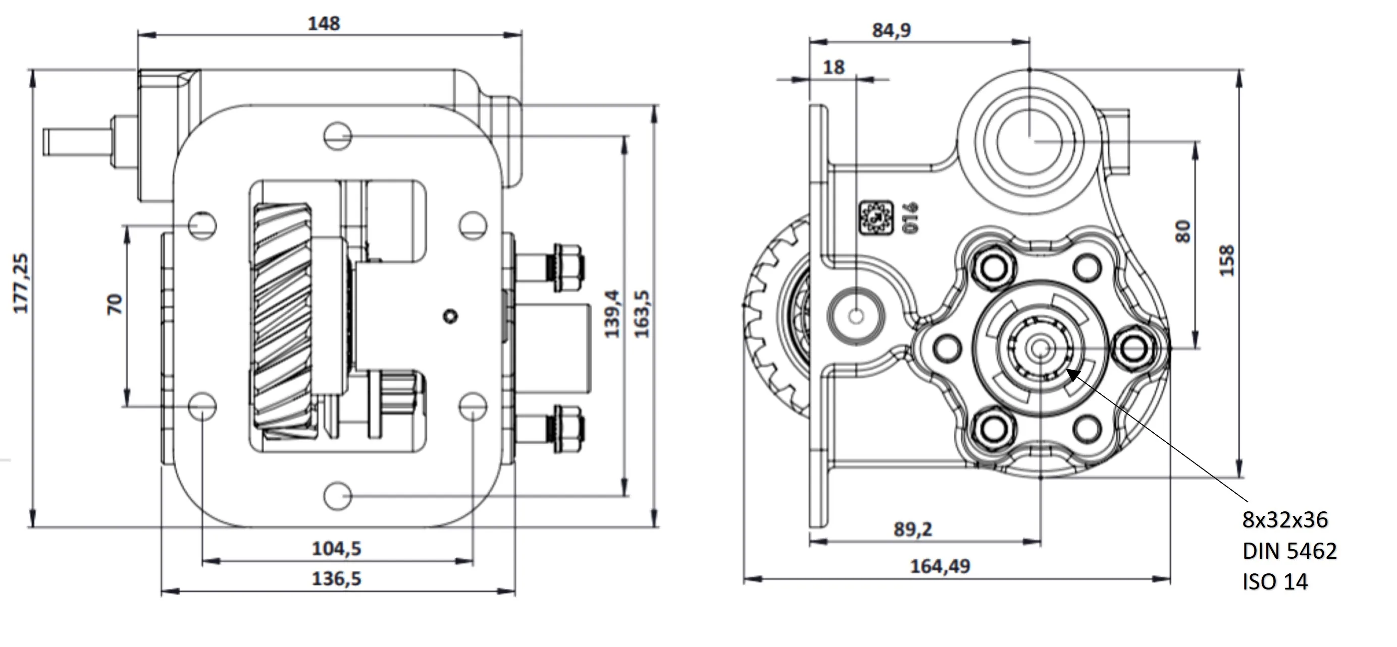 CTM 016 BC2 PTO teknik çizimi — kesit, ölçü ve montaj şeması