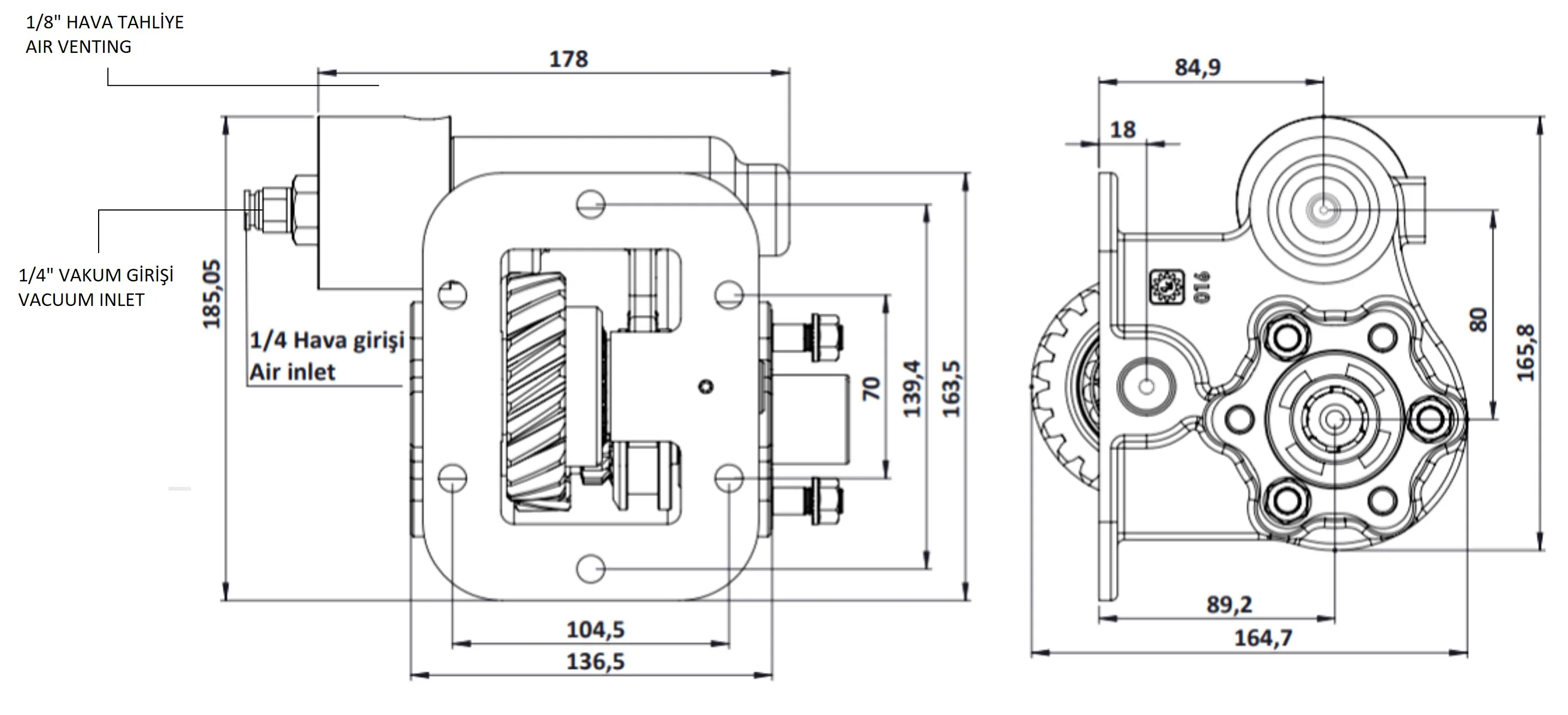 CTM 016 BC2 KV PTO teknik çizimi — kesit, ölçü ve montaj şeması