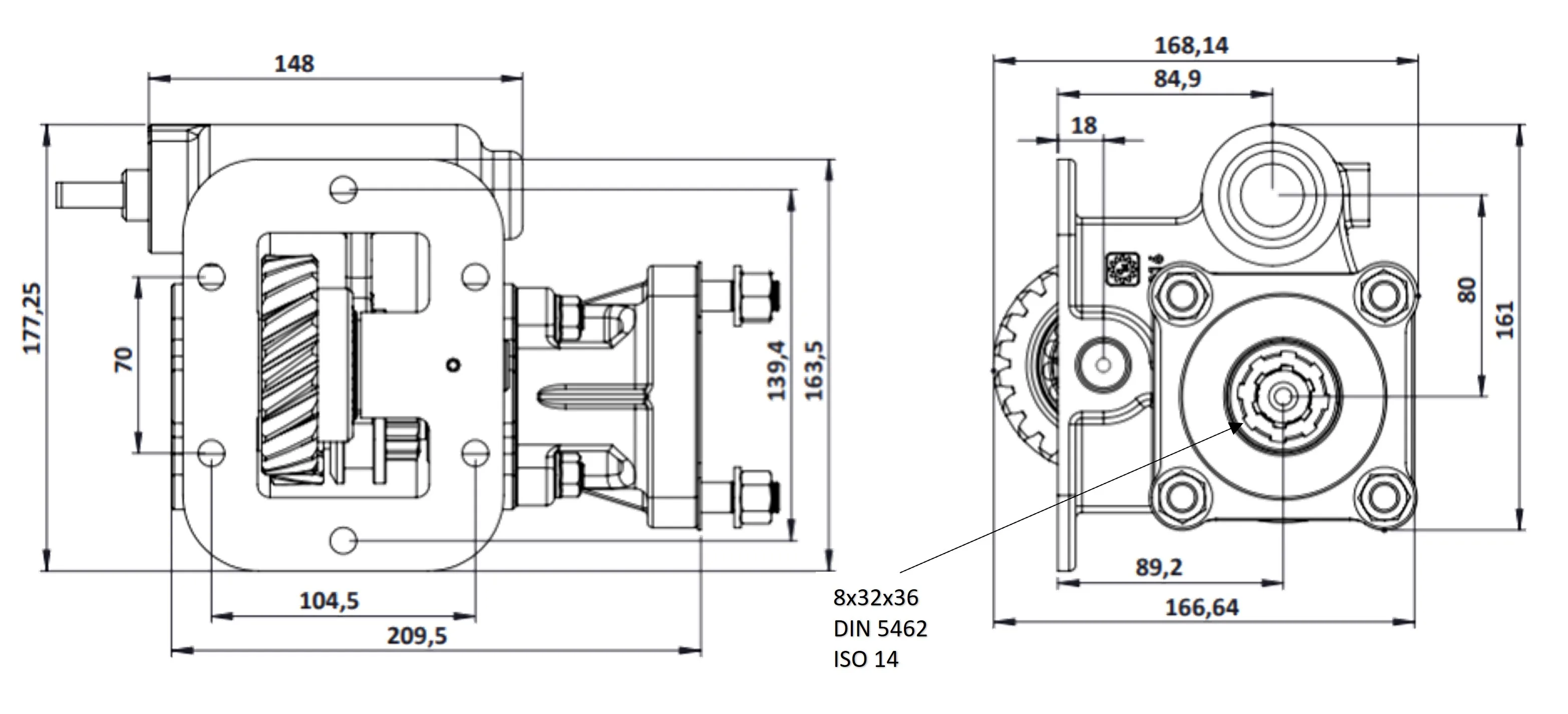 CTM 016 BC1 PTO teknik çizimi — kesit, ölçü ve montaj şeması