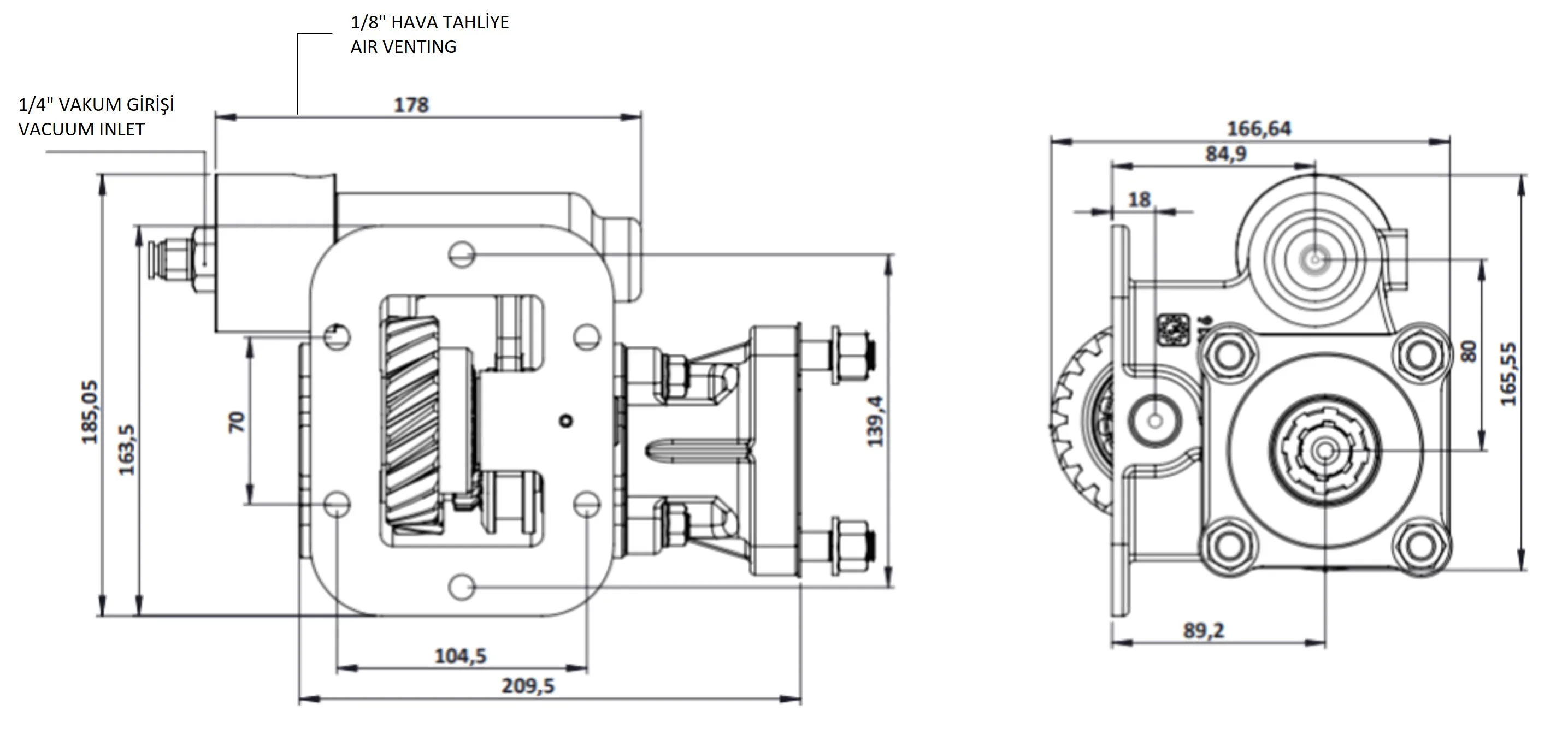 CTM 016 BC1 KV PTO teknik çizimi — kesit, ölçü ve montaj şeması