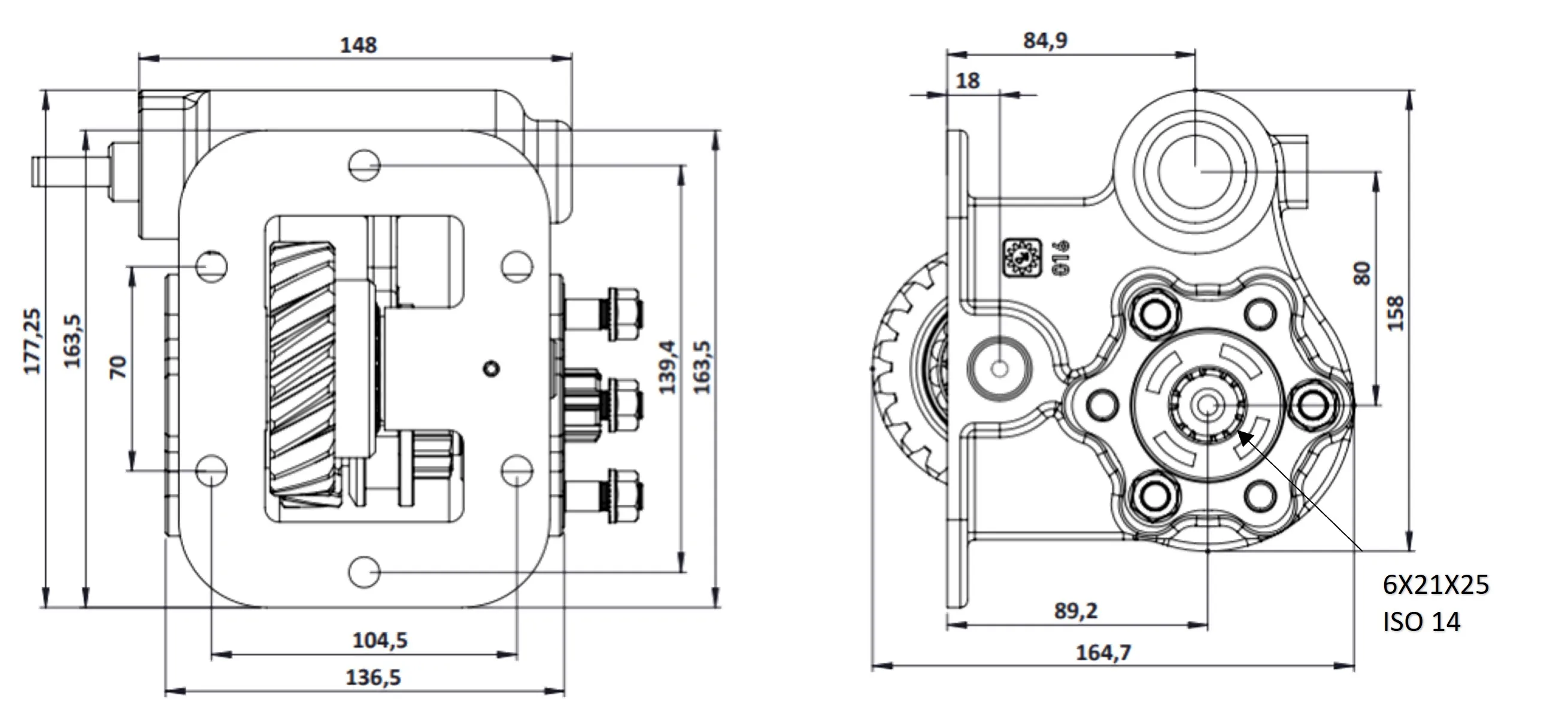 CTM 016 BE PTO teknik çizimi — kesit, ölçü ve montaj şeması