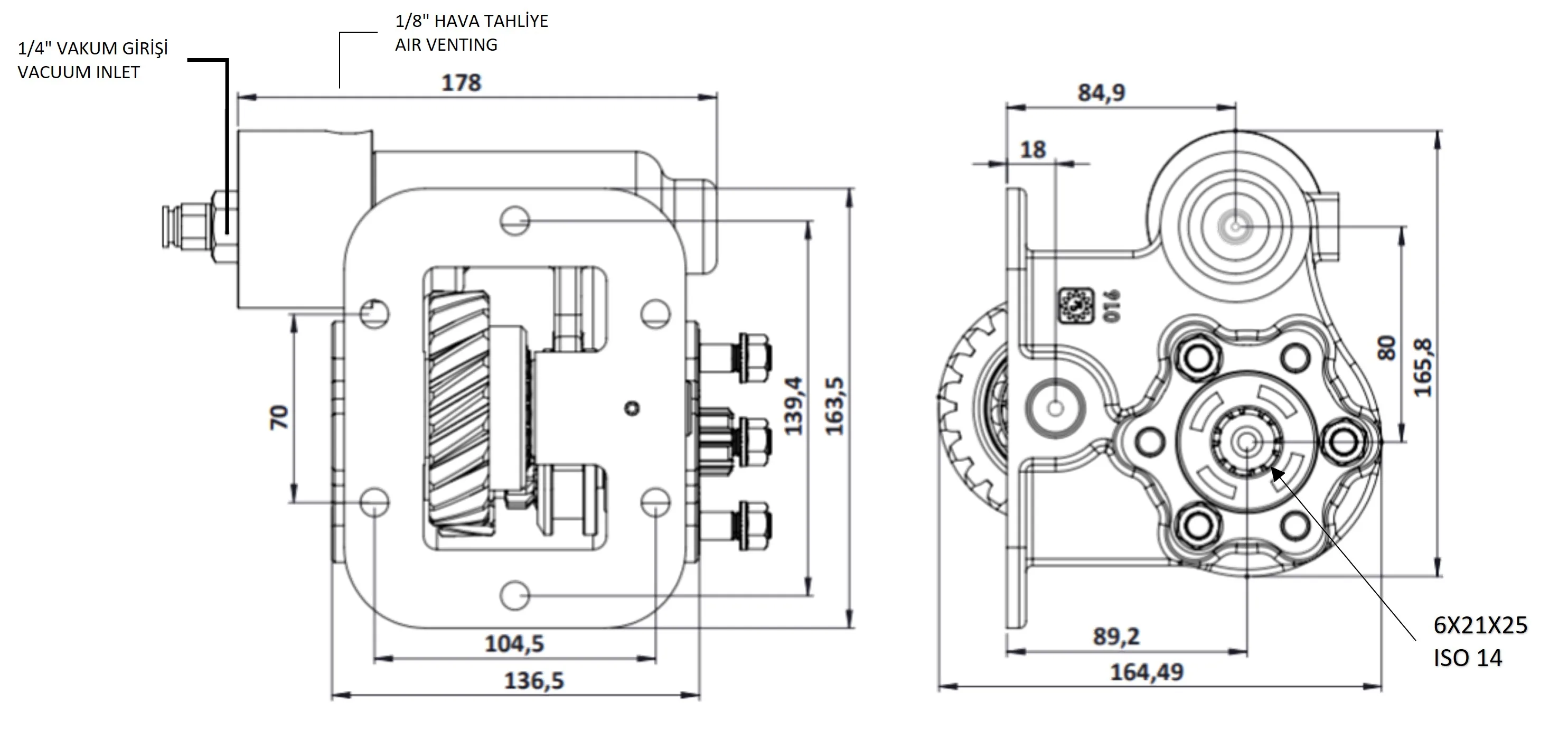 CTM 016 BE KV PTO teknik çizimi — kesit, ölçü ve montaj şeması