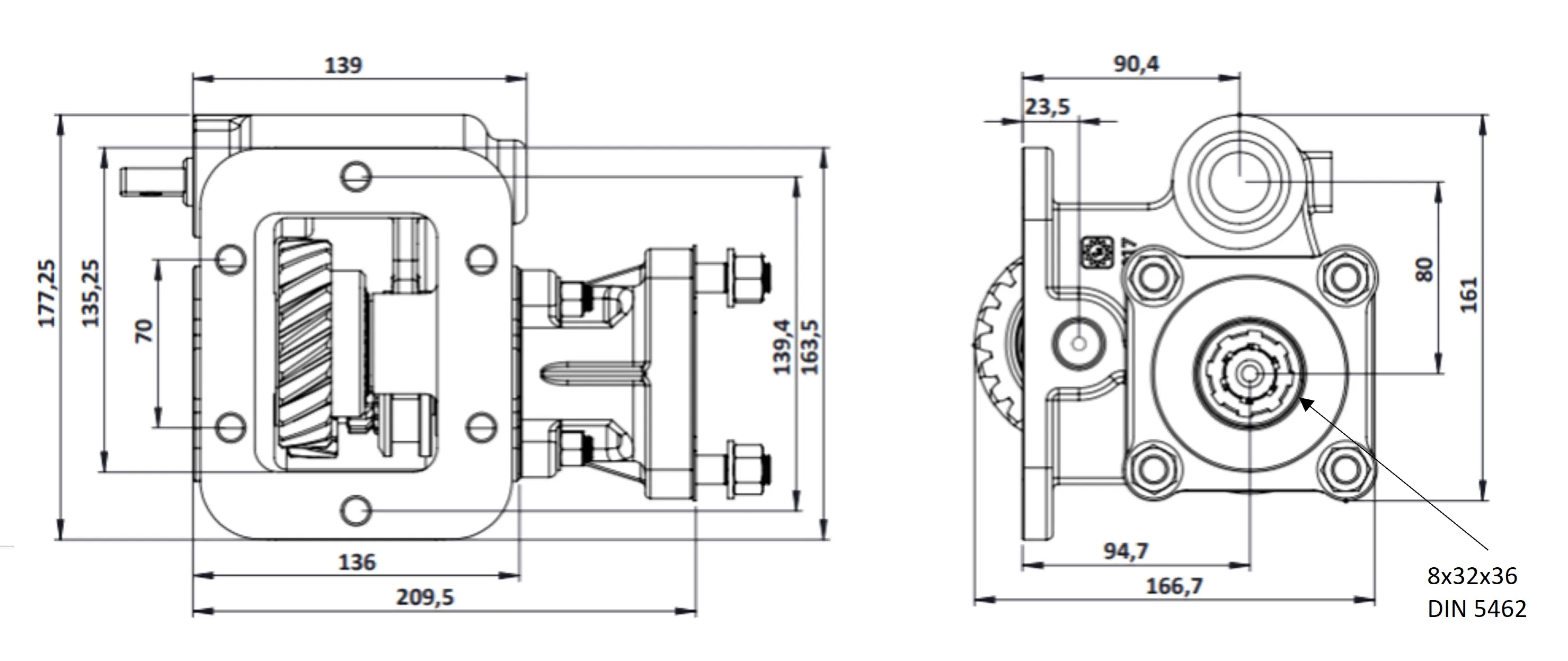 CTM 017 BC1 PTO teknik çizimi — kesit, ölçü ve montaj şeması