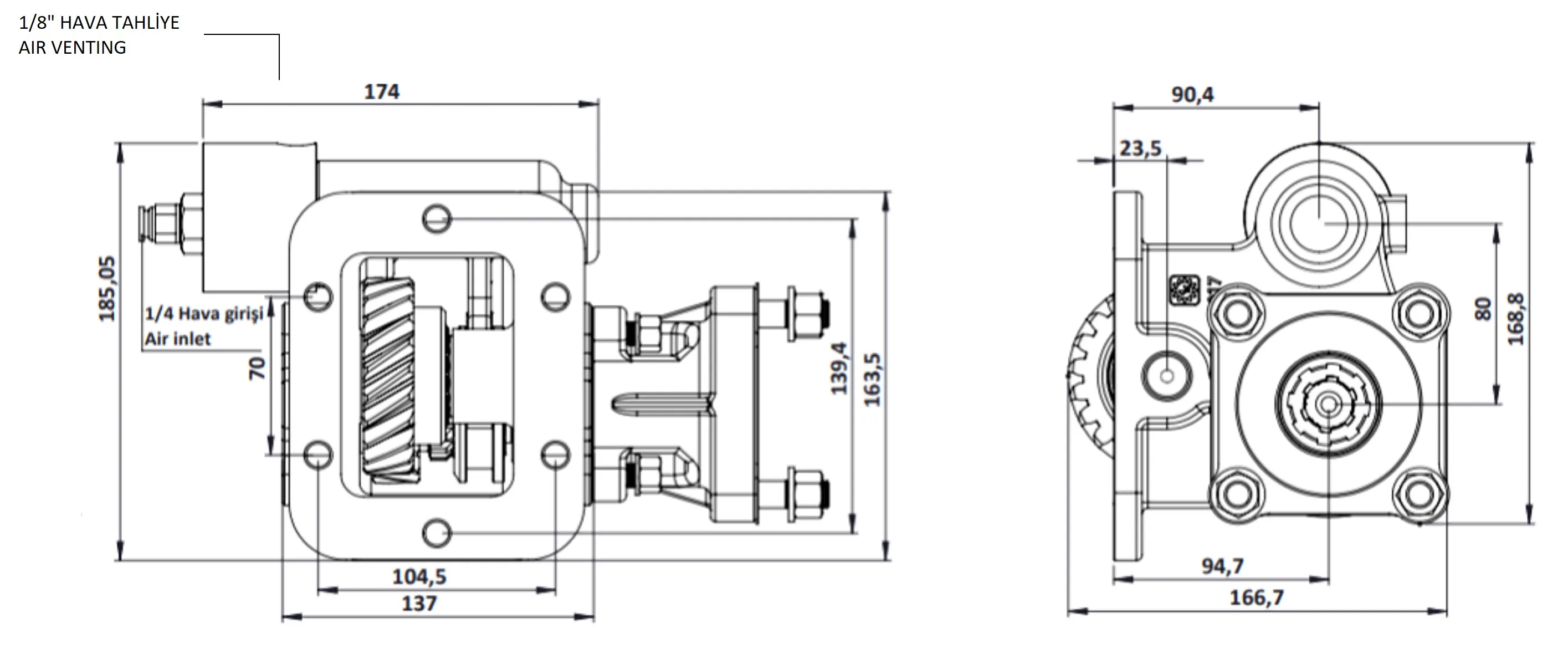CTM 017 BC1 KV PTO teknik çizimi — kesit, ölçü ve montaj şeması