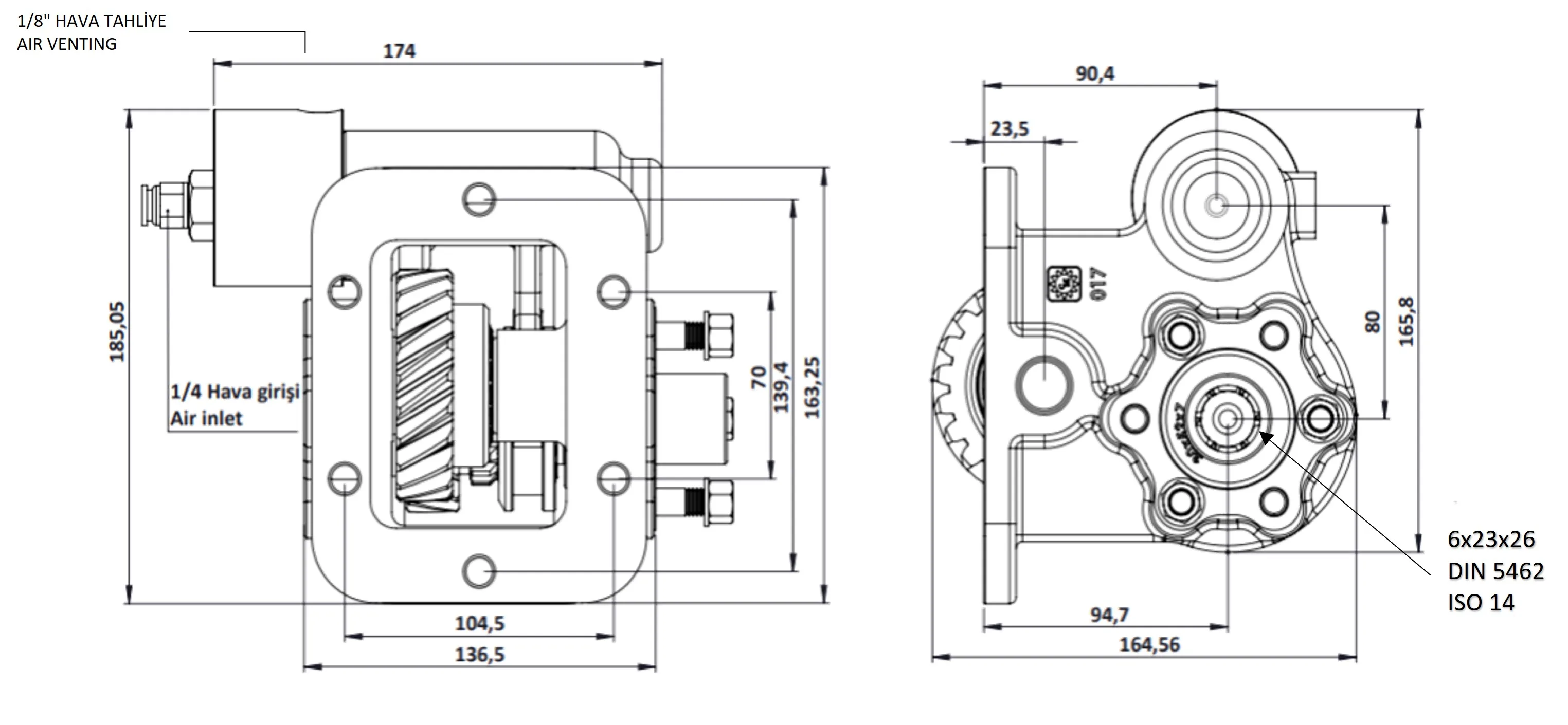 CTM 017 BC2 KV PTO teknik çizimi — kesit, ölçü ve montaj şeması