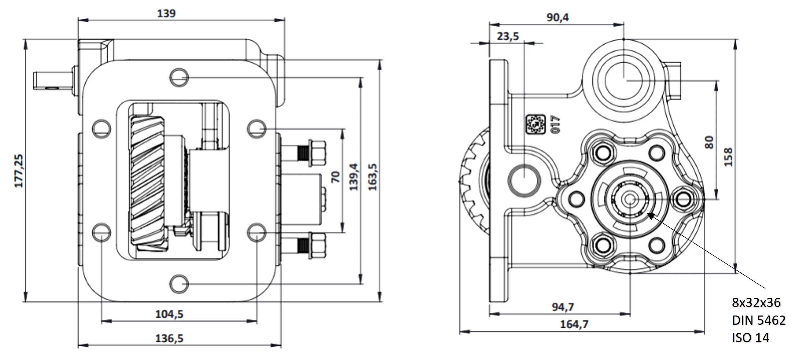 CTM 017 BC2 PTO teknik çizimi — kesit, ölçü ve montaj şeması