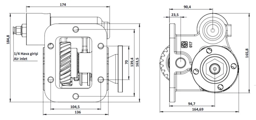 CTM 017 BD KV PTO teknik çizimi — kesit, ölçü ve montaj şeması