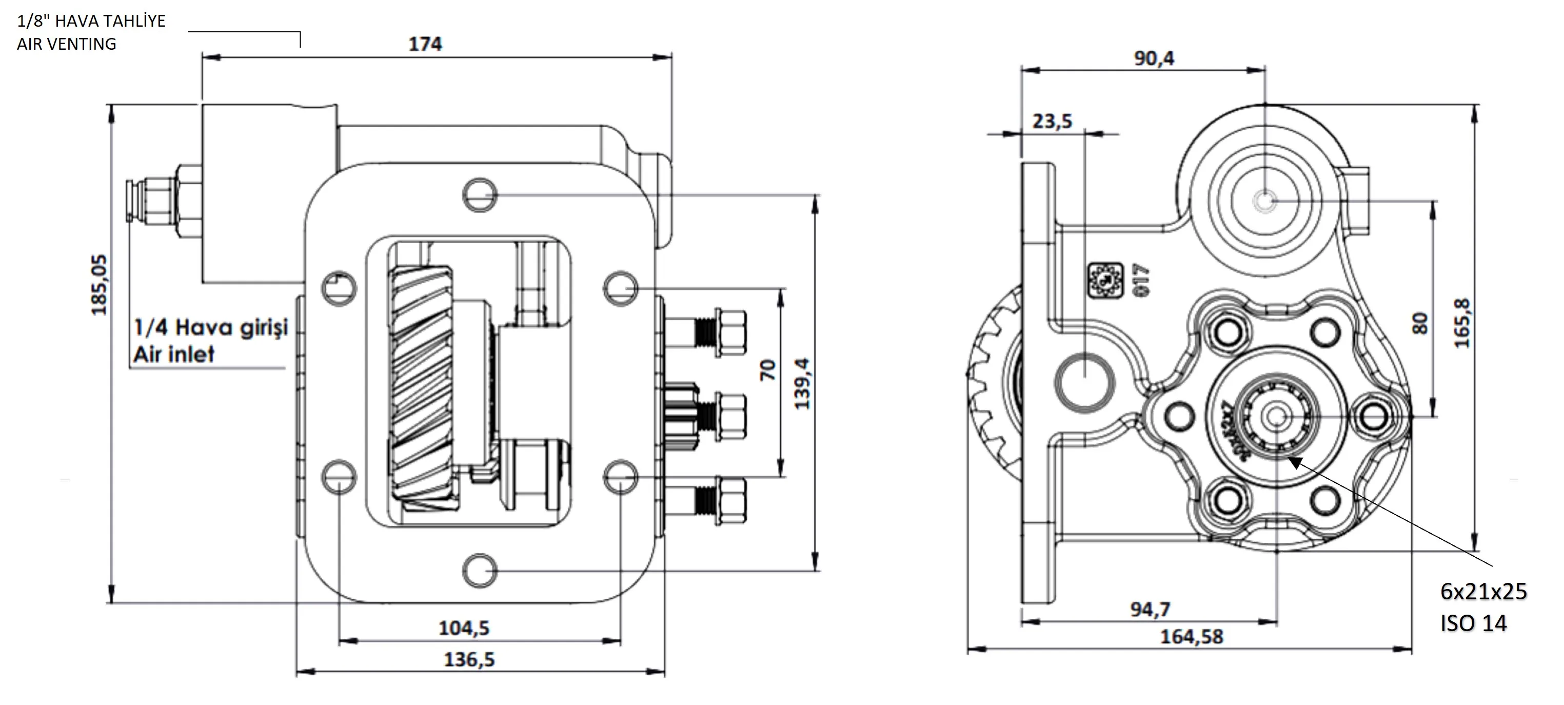 CTM 017 BE KV PTO teknik çizimi — kesit, ölçü ve montaj şeması