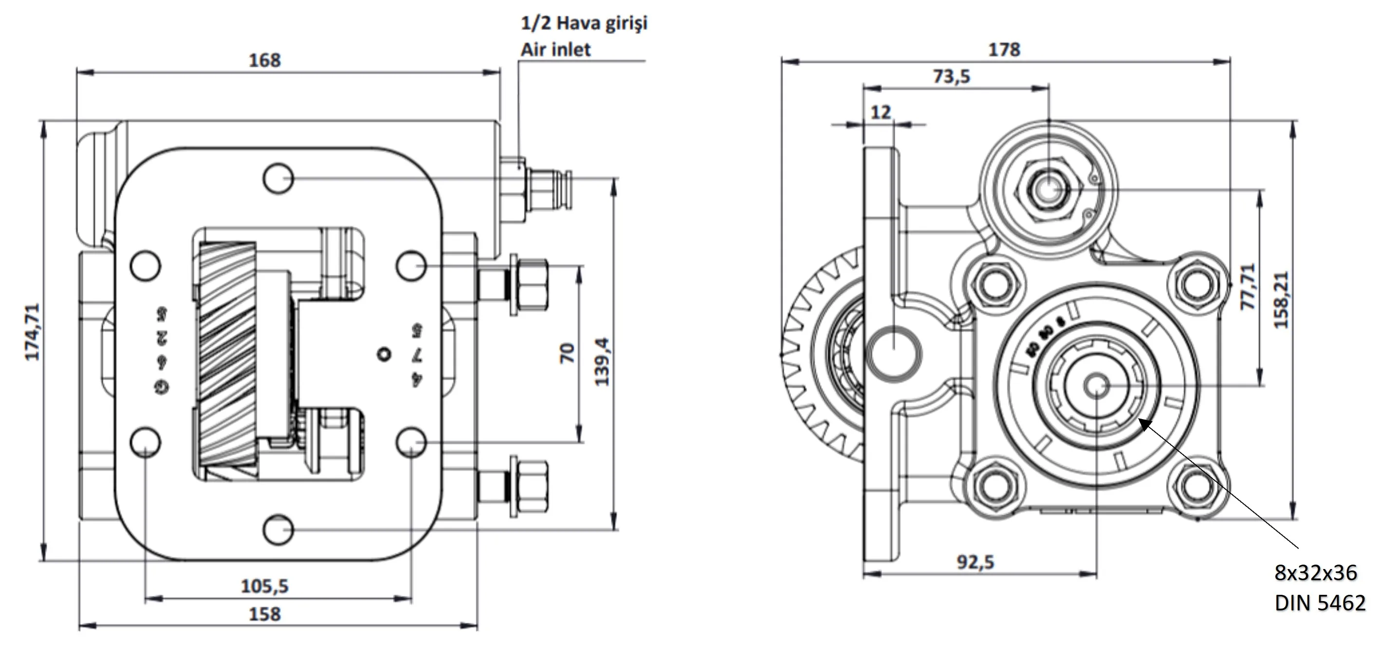 CTM 018 A1 PTO teknik çizimi — kesit, ölçü ve montaj şeması