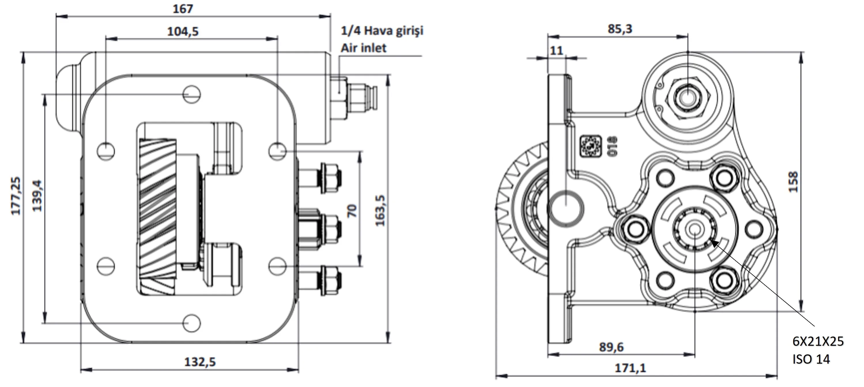 CTM 018 AE PTO teknik çizimi — kesit, ölçü ve montaj şeması