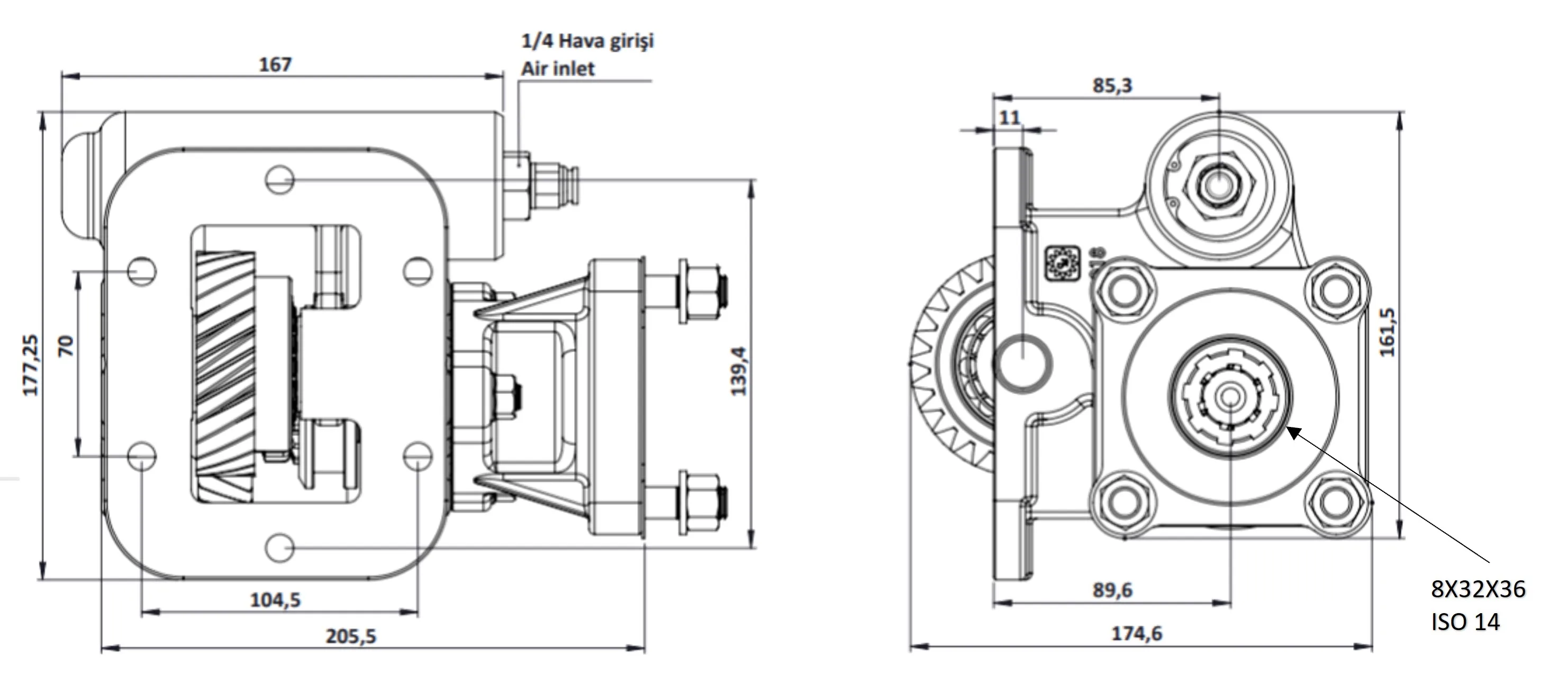 CTM 018 AC1 PTO teknik çizimi — kesit, ölçü ve montaj şeması