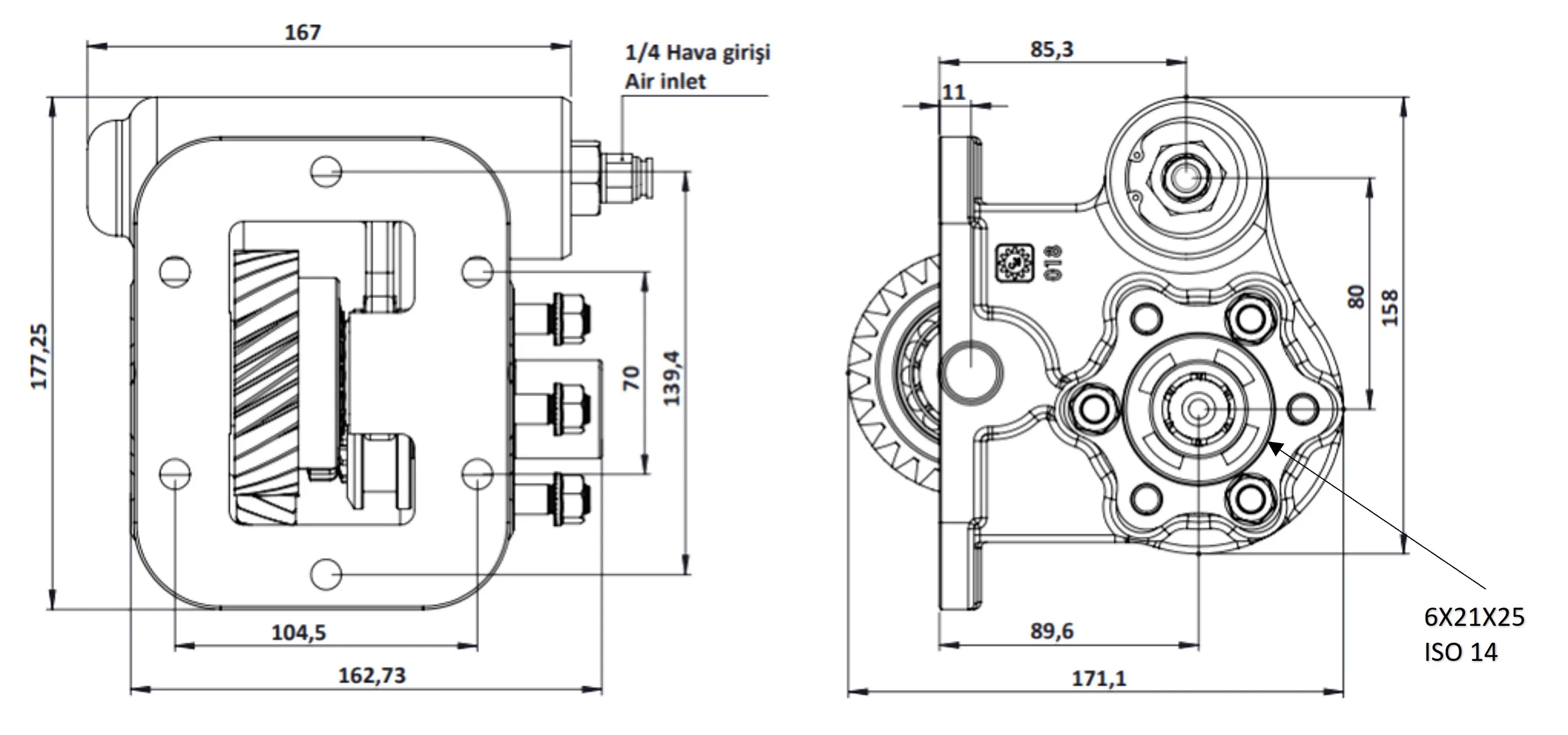 CTM 018 AC2 PTO teknik çizimi — kesit, ölçü ve montaj şeması