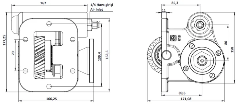 CTM 018 AD PTO teknik çizimi — kesit, ölçü ve montaj şeması