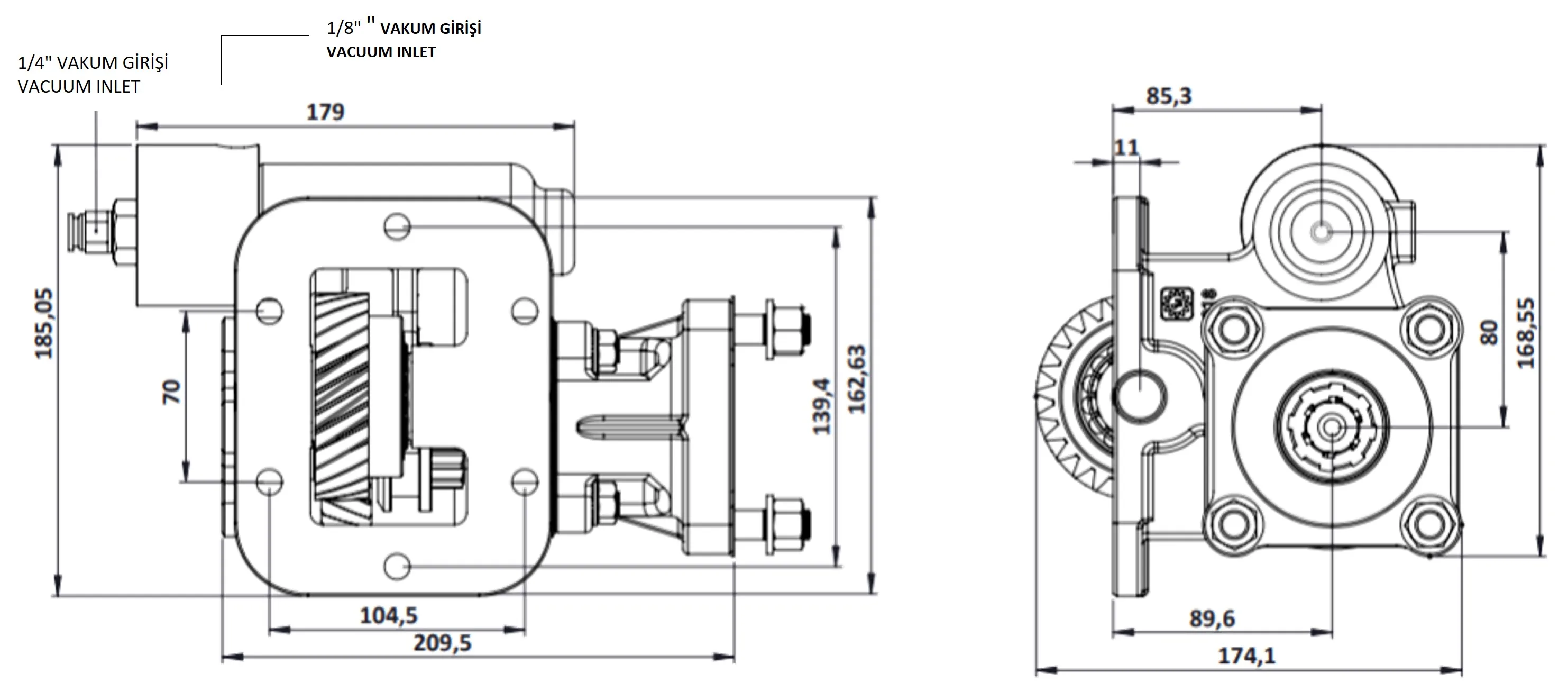 CTM 018 BC1 KV PTO teknik çizimi — kesit, ölçü ve montaj şeması