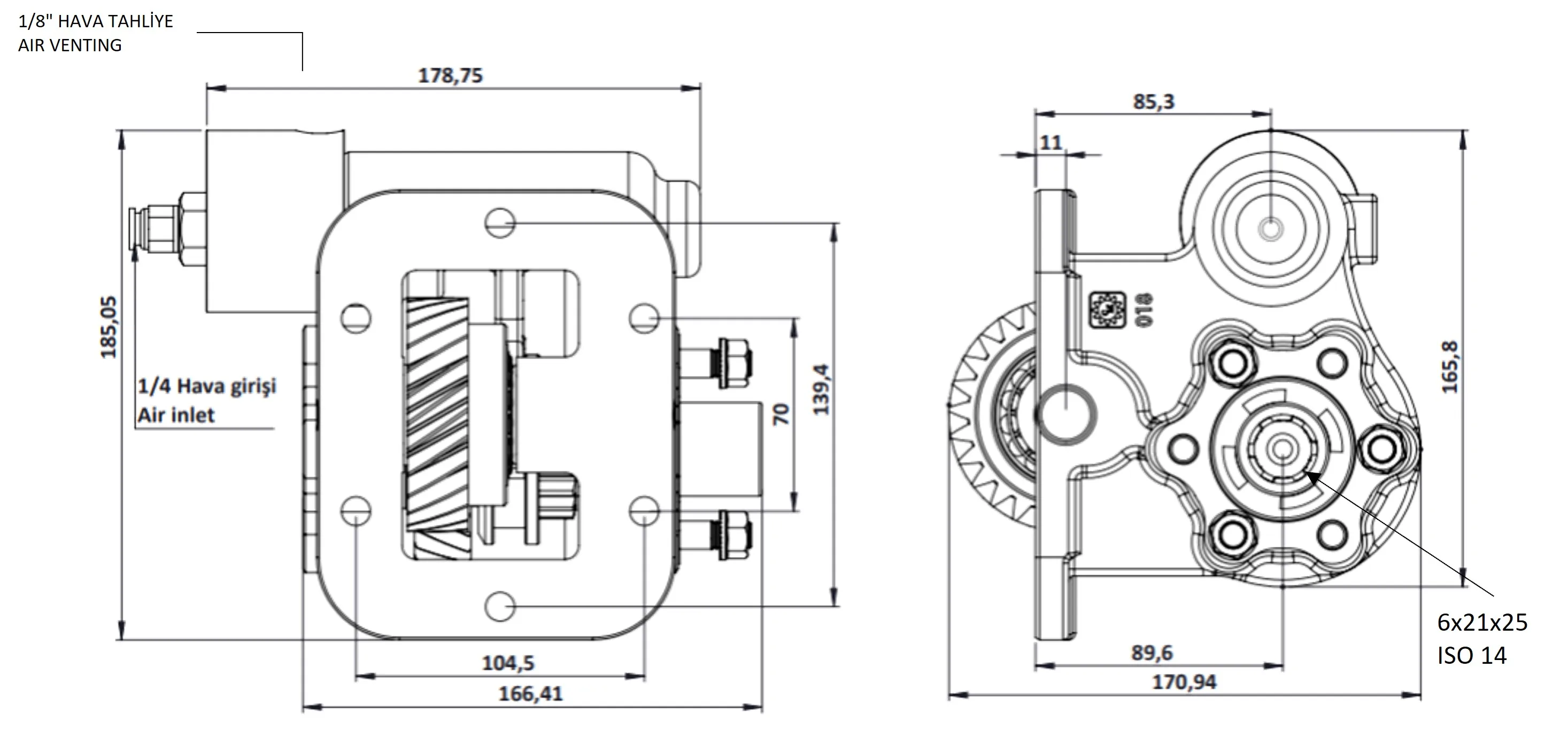 CTM 018 BC2 KV PTO teknik çizimi — kesit, ölçü ve montaj şeması