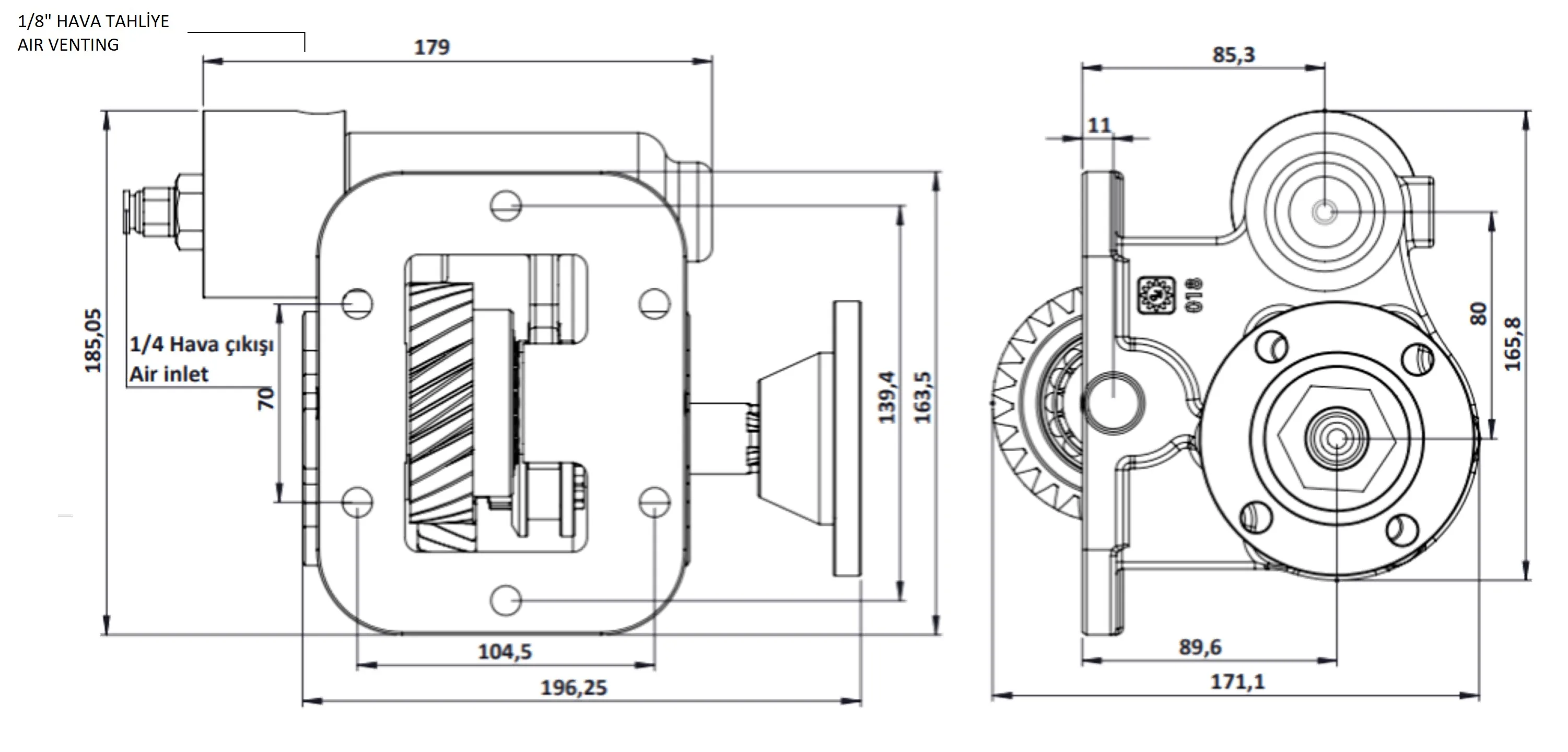 CTM 018 BD KV PTO teknik çizimi — kesit, ölçü ve montaj şeması