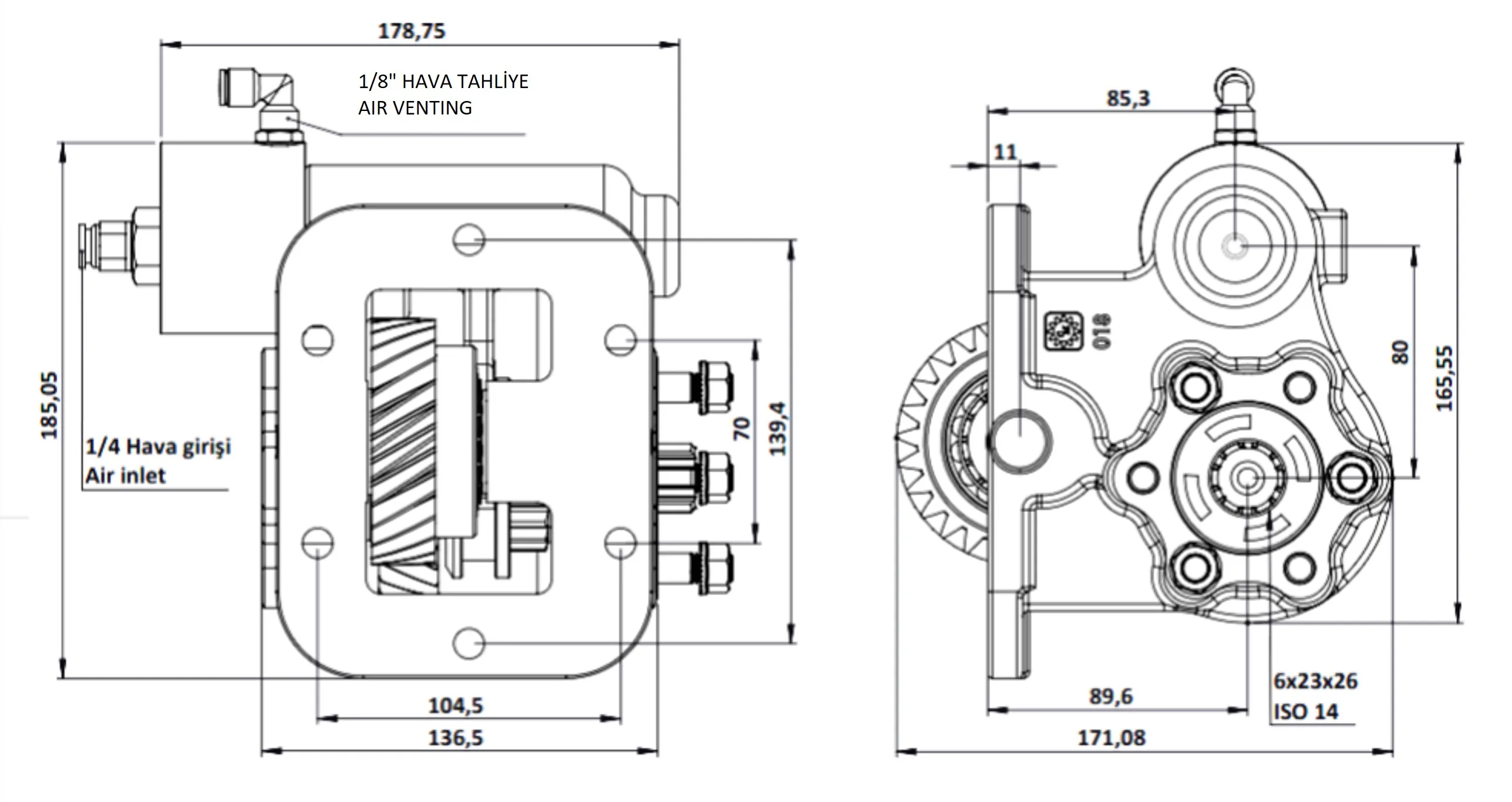 CTM 018 BE KV PTO teknik çizimi — kesit, ölçü ve montaj şeması