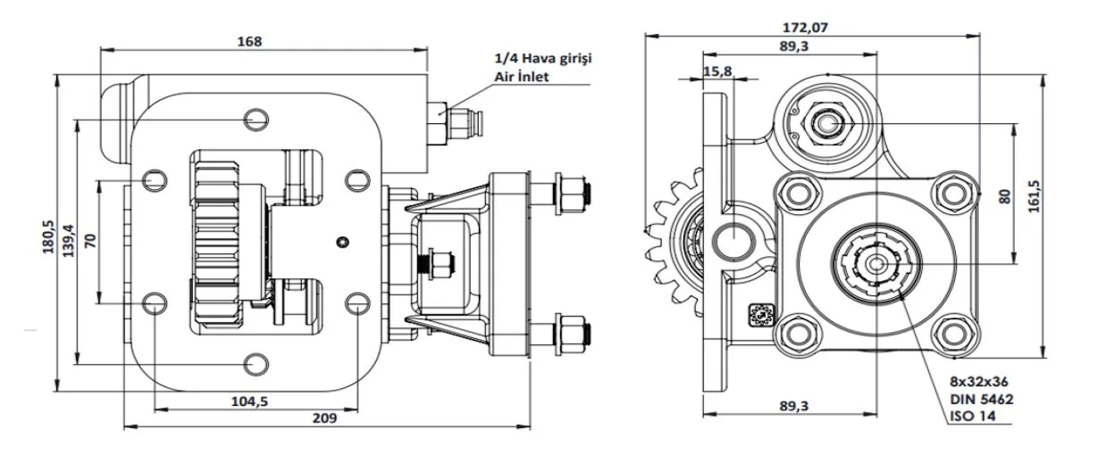 CTM 020 AC1 PTO teknik çizimi — kesit, ölçü ve montaj şeması