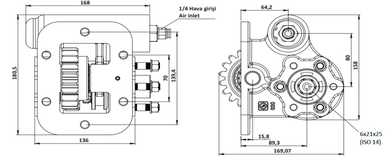 CTM 020 AC2 PTO teknik çizimi — kesit, ölçü ve montaj şeması
