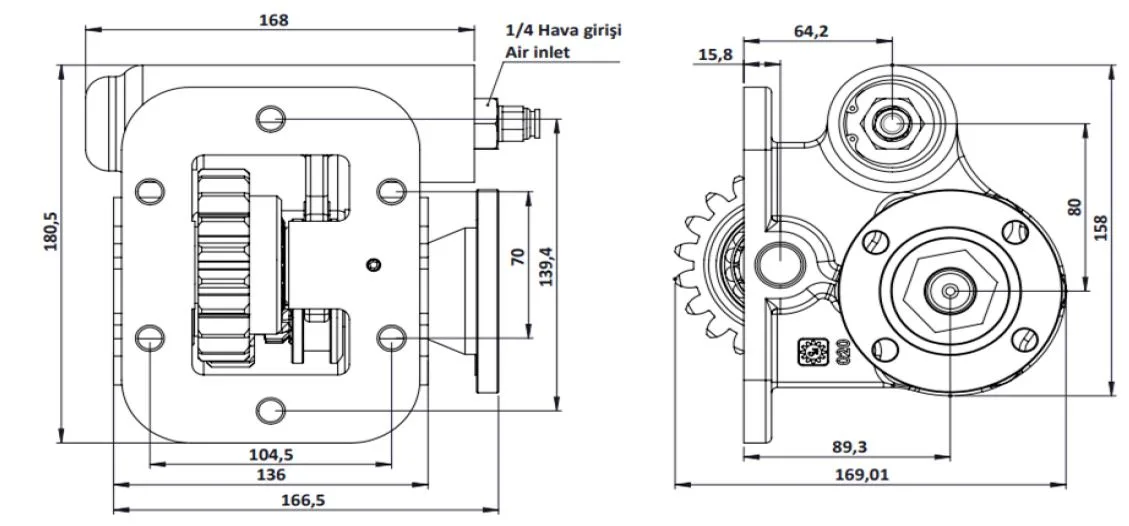 CTM 020 AD PTO teknik çizimi — kesit, ölçü ve montaj şeması