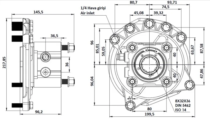CTM 026 AC1 PTO teknik çizimi — kesit, ölçü ve montaj şeması